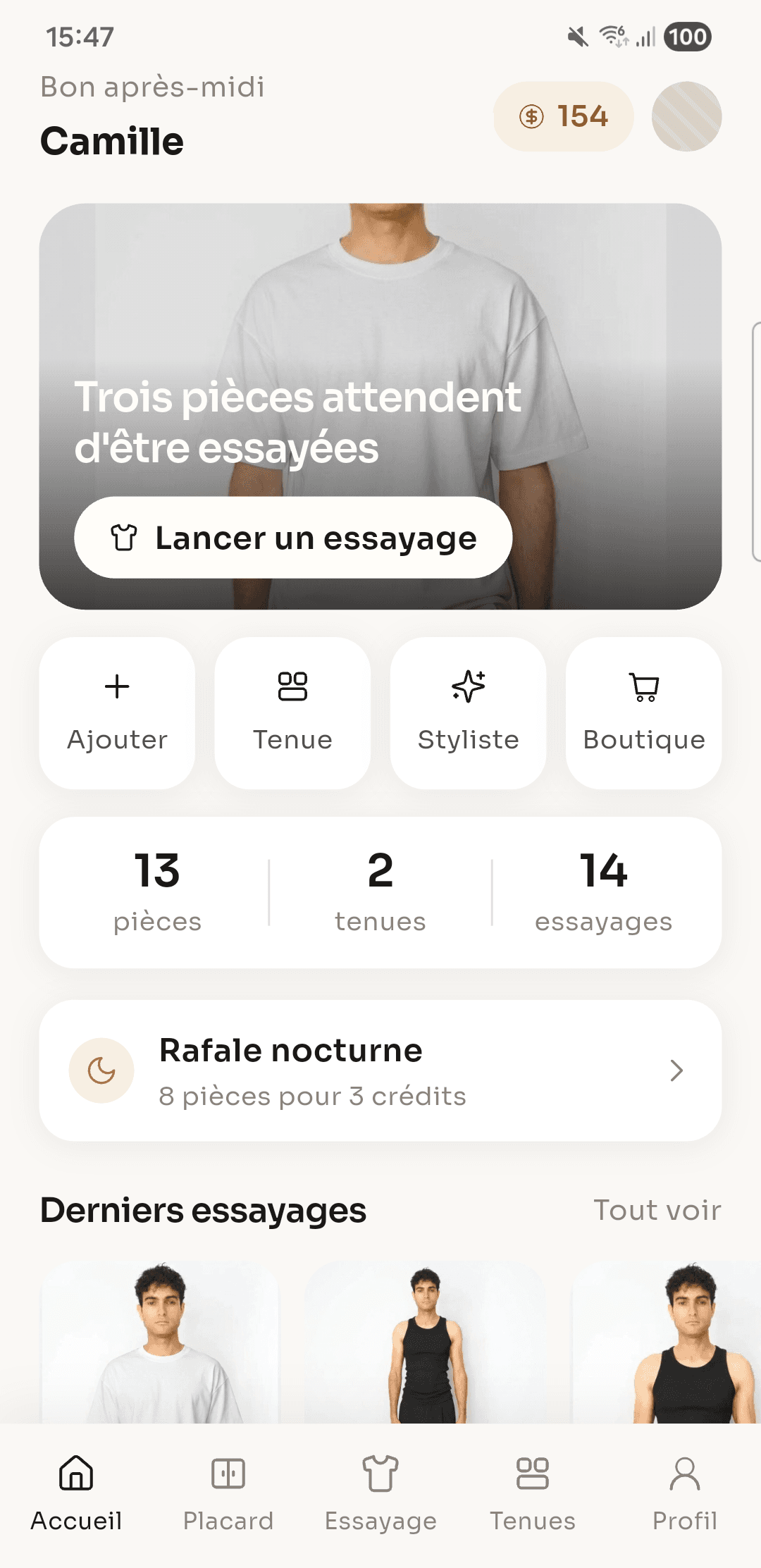 Le placard, avec la recherche, les filtres par catégorie et les pièces rangées
