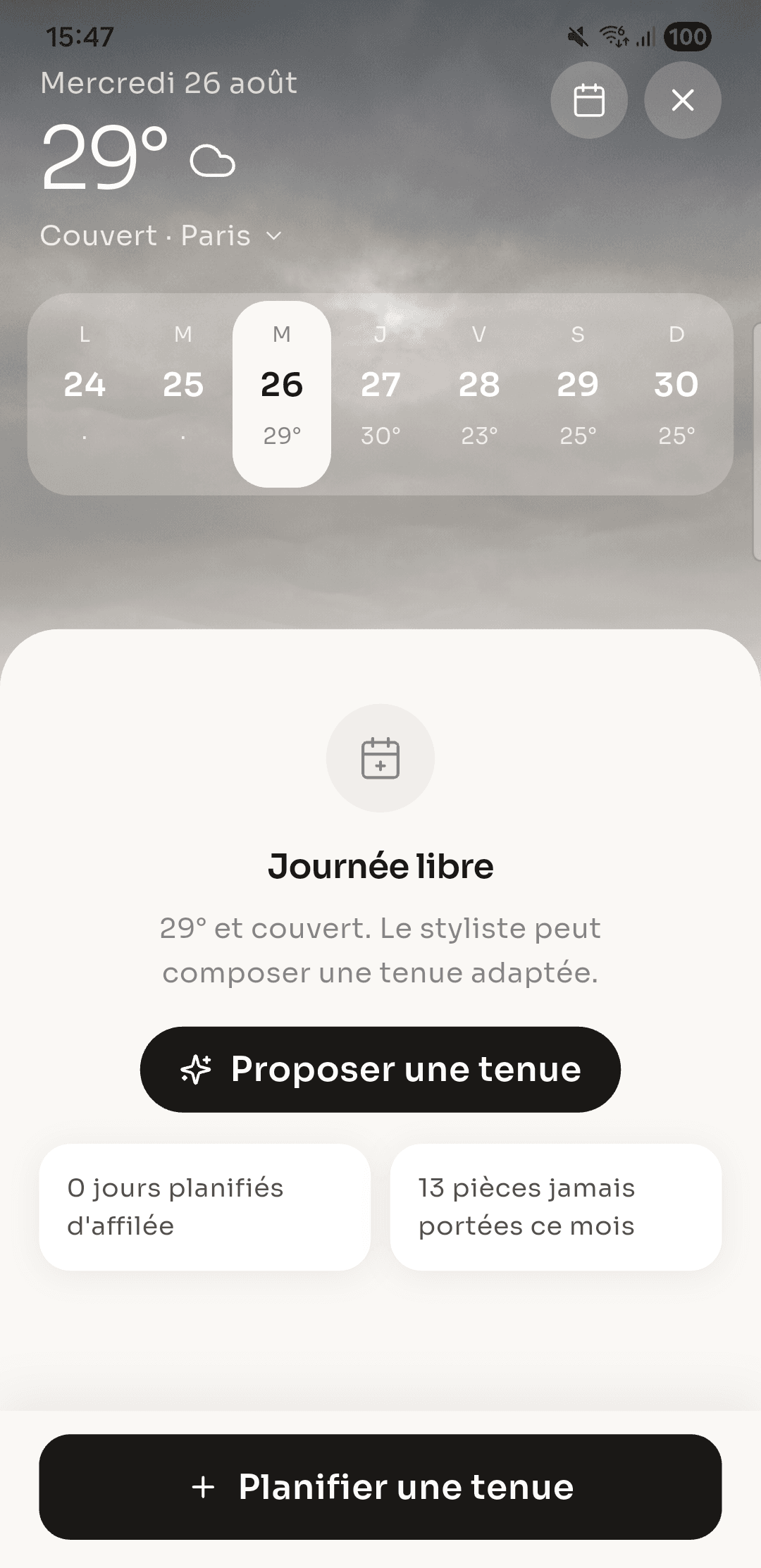 Le planning de la semaine avec la météo, la température du jour et le bouton pour planifier une tenue