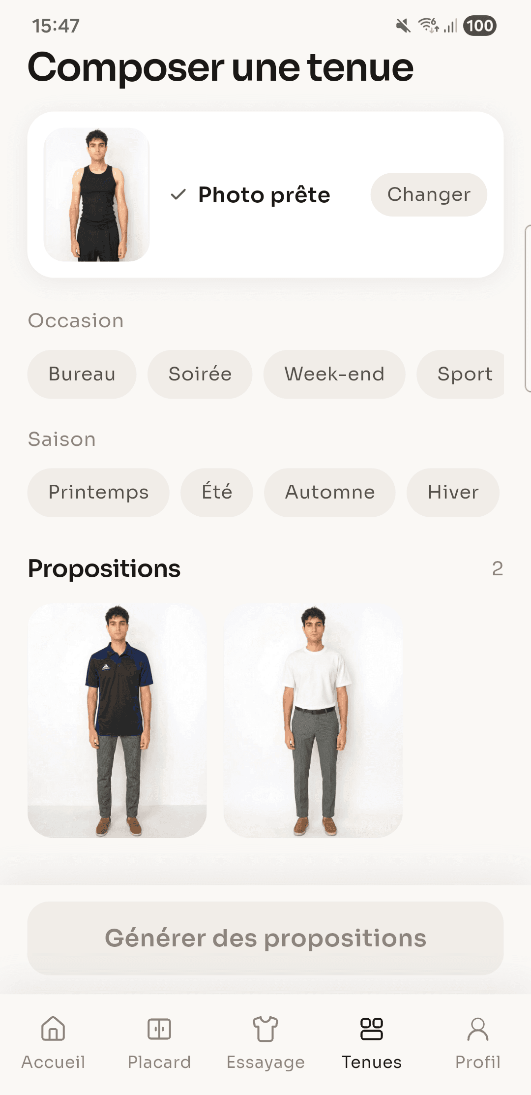 L'écran de composition de tenue, avec les filtres occasion et saison et deux propositions